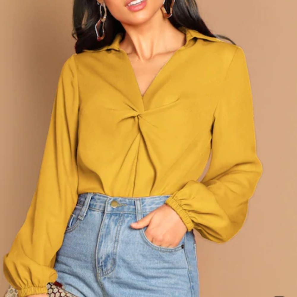 YELLOW TWIST FRONT LANTERN SLEEVE TOP